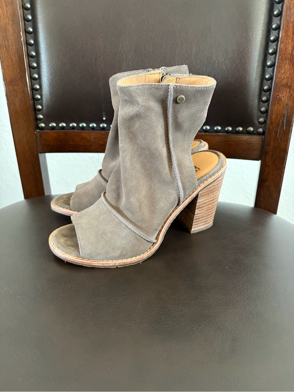 UGG Taupe Suede Open-Toe Stacked Heel Booties